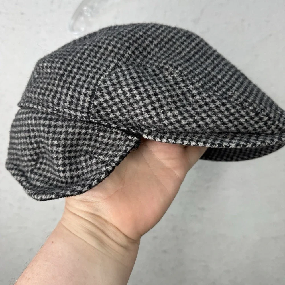 Joseph & Lyman 100% Camel Hair Newsboy Cap Hat Ear Flaps‎ Lined Houndstooth Grey